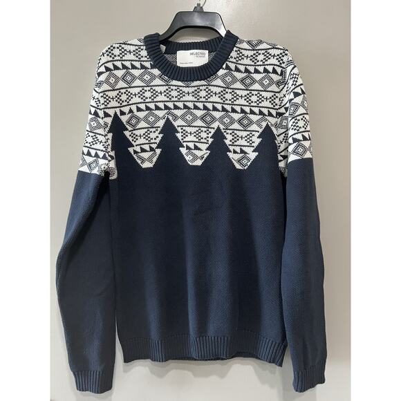 Selected Homme Jacquard knit Nordic Sweater Men's Blue Cotton Denmark size-M - Picture 2 of 6